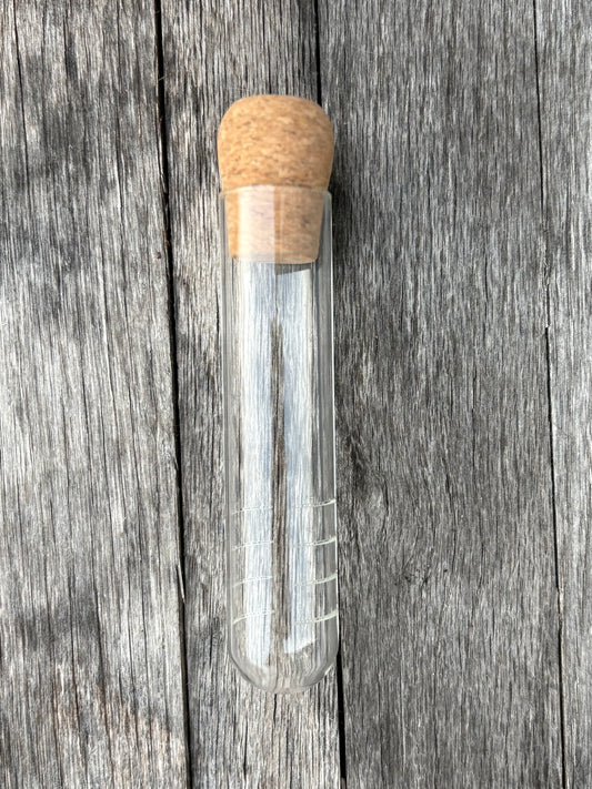 Clear glass test tube with cork stopper on a wooden surface